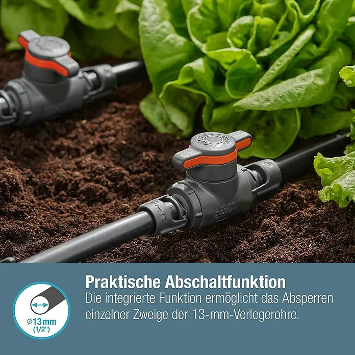 Gardena Micro-Drip Regulierventil - 13 mm, Kunststoff - Nahaufnahme eines Gardena-Absperrventils mit einer integrierten Funktion zum Absperren einzelner Zweige der 13-mm-Verlegerohre.
