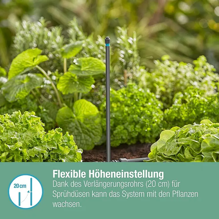 Gardena Micro-Drip Sprühdüse 360° - 5 Stk., 360 ° - Flexible Höheneinstellung eines Bewässerungssystems mit 20 cm Verlängerungsrohr inmitten eines üppigen Gartens.