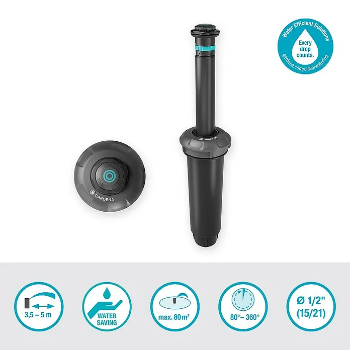 Gardena Sprinklersystem Turbinenversenkregner MD 80 - Max. Regnerfläche: 80 m², Rasenbewässerung - Gardena Versenkregner mit technischen Daten zu Reichweite, Wassersparen, Fläche, Winkel und Anschlussgröße.