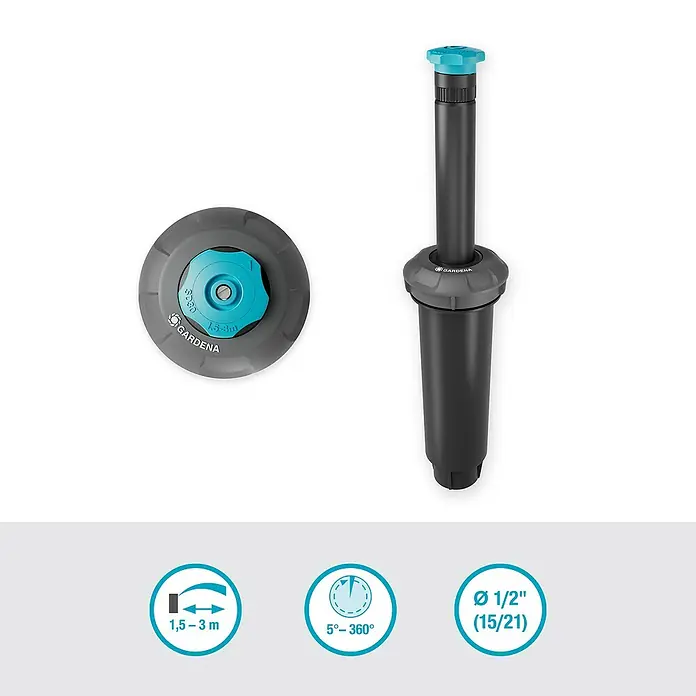 Gardena Sprinklersystem Turbinenversenkregner Pop-up SD30 - Max. Regnerfläche: 30 m², Rasenbewässerung - Bild eines GARDENA Versenkregners, der eine effiziente Bewässerung ermöglicht. Ideal für Rasenflächen, mit einstellbarer Reichweite und Sektorenberegnung.