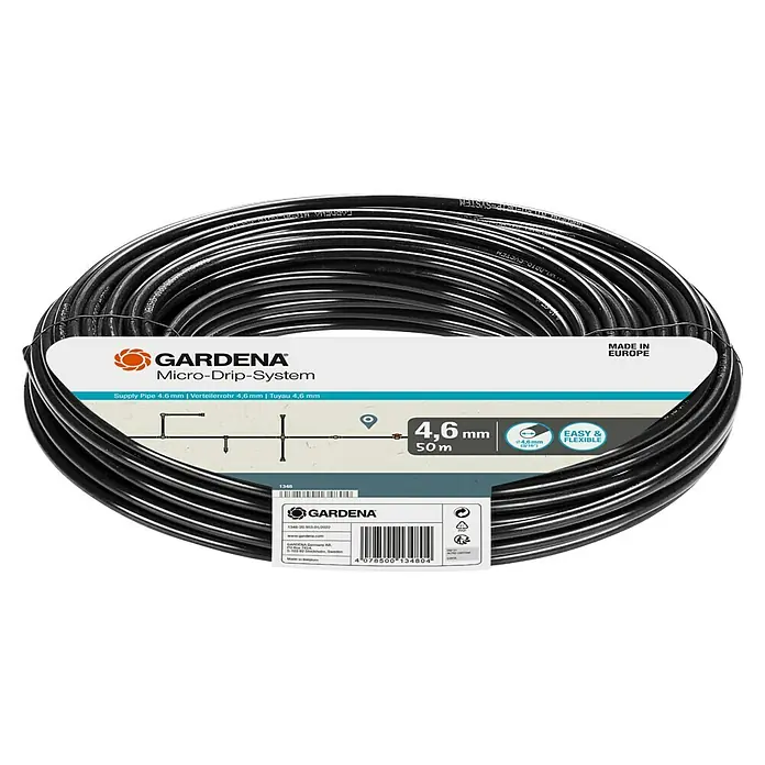 Gardena Micro-Drip Verteilerrohr - 50 m, ³⁄₁₆″ - Gardena Micro-Drip-System: 4,6 mm Zuleitung, 50 m Rolle, flexibel und einfach zu verlegen, ideal für die Bewässerung im Garten.