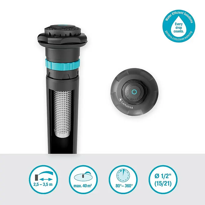 Gardena Sprinklersystem Turbinenversenkregner MD40 - Max. Regnerfläche: 40 m², Rasenbewässerung - Abbildung eines Gardena-Versenkregners mit Produktdetails wie Reichweite, Beregnungsfläche und Anschlussgröße.