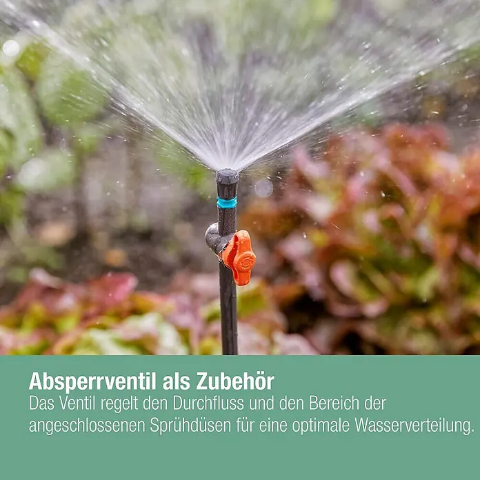 Gardena Micro-Drip Sprühdüse 90° - 5 Stk., 90 ° - Nahaufnahme eines Bewässerungsreglers, der Wasser versprüht.