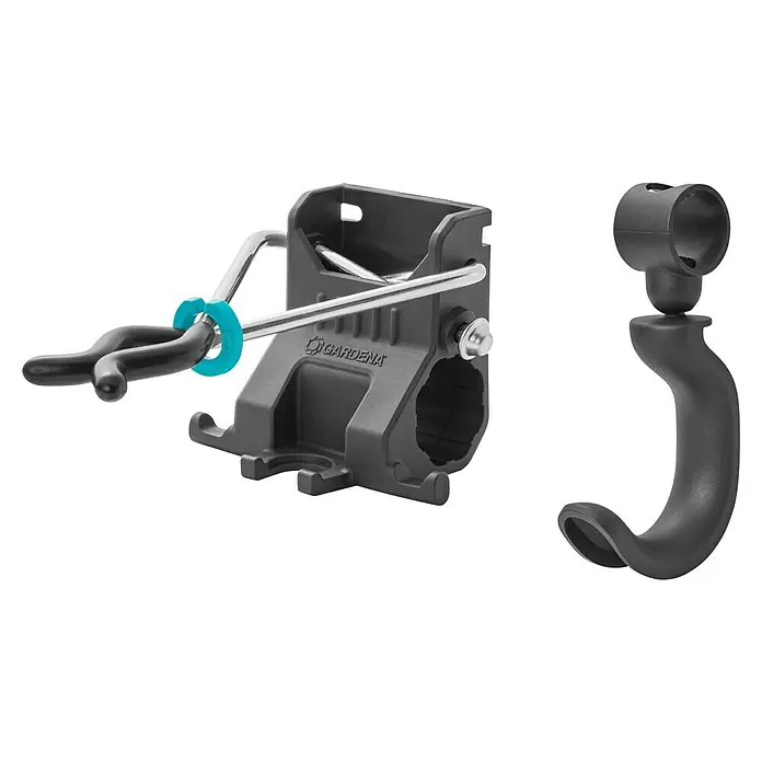 Gardena Halterung Set Einzelhalter & Einzelhaken - Traglast: 10 kg, Aluminium - Produktansicht des Gardena Gerätehalters mit einer zusätzlichen Halterung, ideal für die ordentliche Aufbewahrung von Gartengeräten.