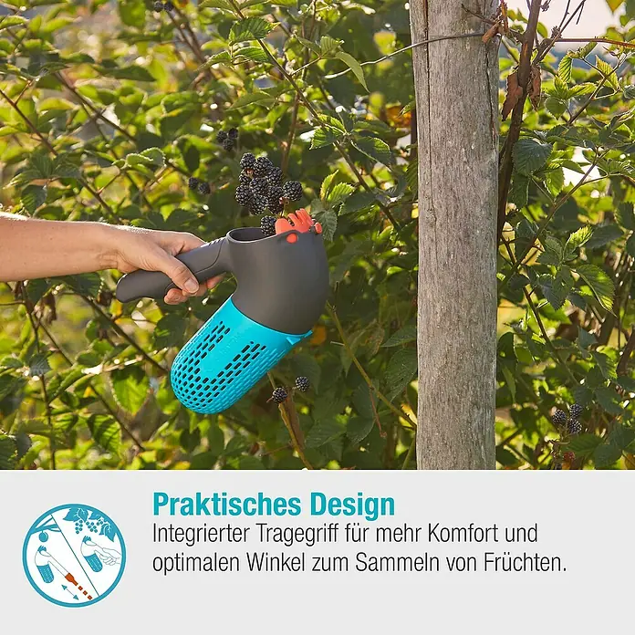Gardena Combisystem Obstpflücker Beerensammler - 27,5 x 10,05 x 20,1 cm - Nahaufnahme eines Beerensammlers in Aktion, der Beeren pflückt und in seinem Behälter sammelt.