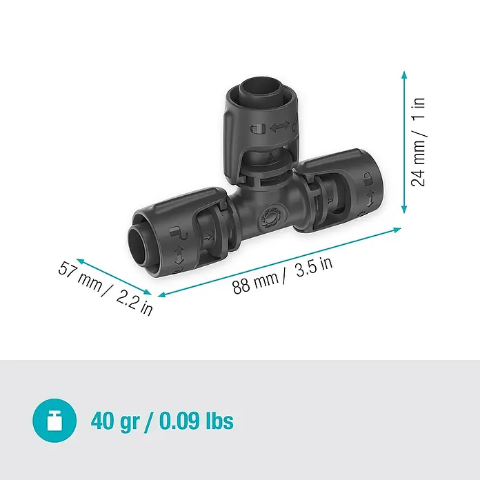 Gardena Micro-Drip T-Stück - 1/2" x 13 mm, 2 Stk. - Abbildung eines schwarzen T-Stücks mit den Maßen 57 mm / 2,2 Zoll, 88 mm / 3,5 Zoll und 24 mm / 1 Zoll und einem Gewicht von 40 g / 0,09 lbs.