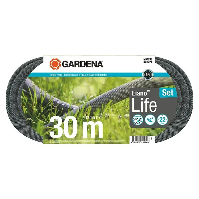 Gardena Gartenschlauch Liano Life Set - 30 m, Schlauchdurchmesser: 13 mm - GARDENA Liano™ Life Set: 30 m Textilschlauch mit 13 mm Durchmesser, ideal für Gartenbewässerung. Flexibel und langlebig.