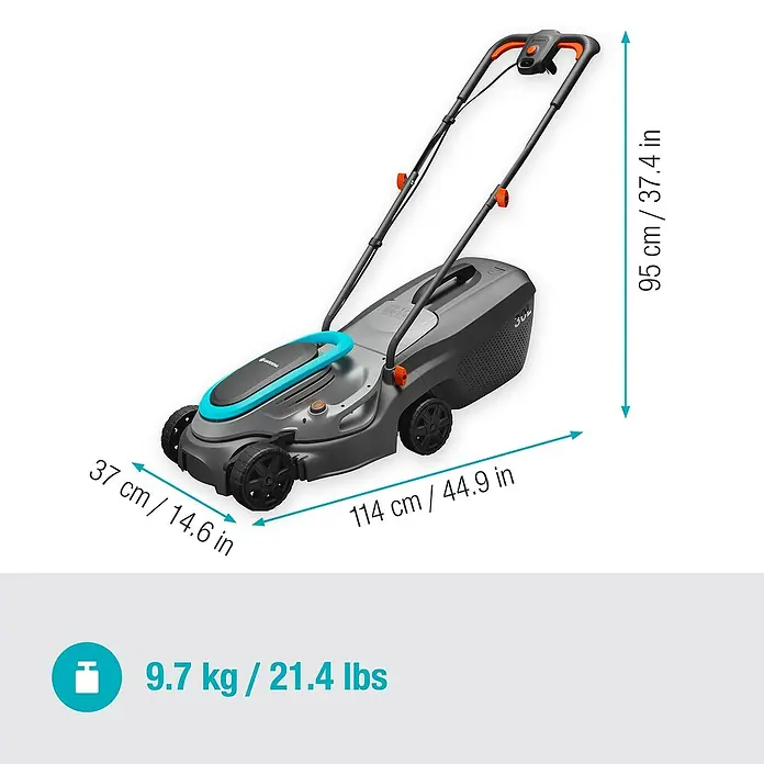 Gardena Elektro-Rasenmäher PowerMax 1200/32 G2 - 1.200 W, Schnittbreite: 32 cm - Das Bild zeigt einen Gardena Rasenmäher mit den Maßen 37 cm / 14.6 Zoll, 114 cm / 44.9 Zoll und 95 cm / 37.4 Zoll und einem Gewicht von 9.7 kg / 21.4 lbs.