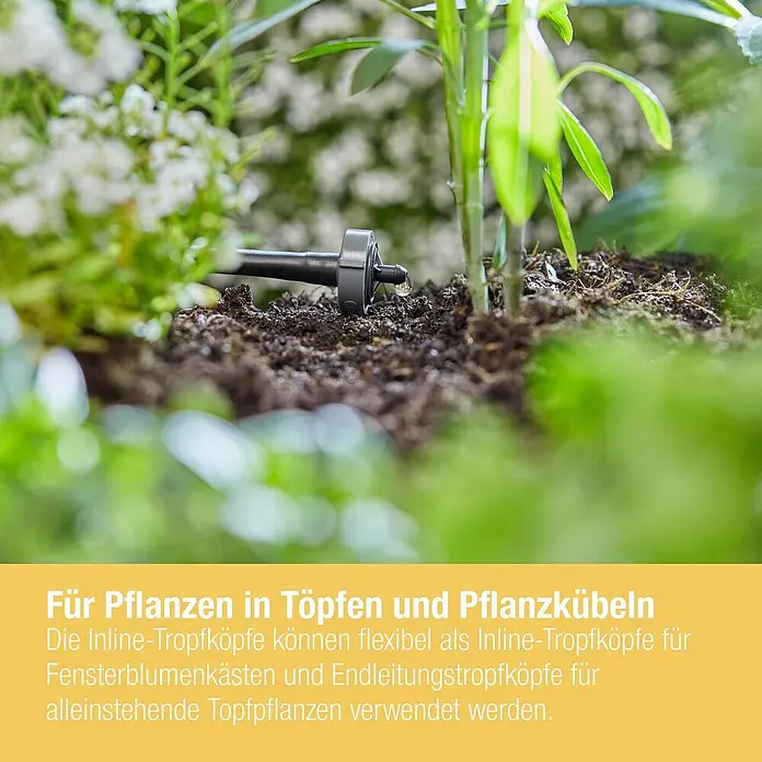 Gardena Micro-Drip Bewässerungs-Set Balkon Start-Set - Geeignet für: Bis zu 15 Topfpflanzen, Passend für: Bis zu 15 Topfpflanzen - Nahaufnahme eines Inline-Tropfkopfes in einem Topf mit Pflanzen.