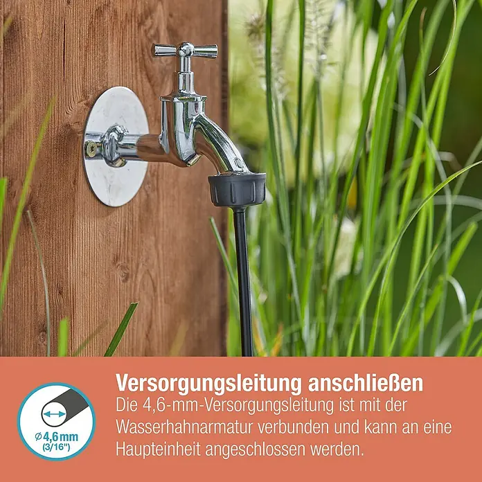 Gardena Micro-Drip Hahnanschlussstück - 3/16" x 4,6 mm - Detailaufnahme eines Außenwasserhahns mit angeschlossener 4,6-mm-Versorgungsleitung, ideal für Gartenbewässerungssysteme.