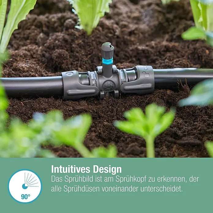 Gardena Micro-Drip Sprühdüse 90° - 5 Stk., 90 ° - Nahaufnahme eines Bewässerungssprinklers mit der Aufschrift „90°“ und dem Text „Intuitives Design“.
