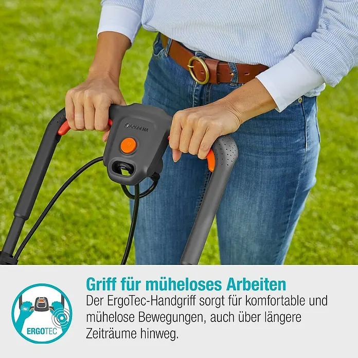 Gardena Elektro-Rasenmäher PowerMax 1200/32 G2 - 1.200 W, Schnittbreite: 32 cm - Nahaufnahme des Gardena ErgoTec-Handgriffs an einem Rasenmäher, der Komfort und mühelose Bedienung verspricht.