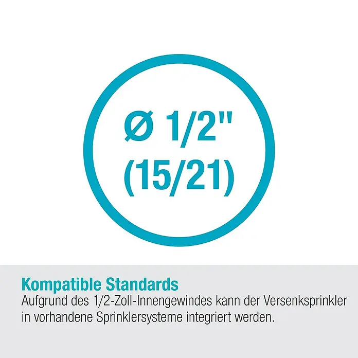 Gardena Sprinklersystem Turbinenversenkregner MD 80 - Max. Regnerfläche: 80 m², Rasenbewässerung - Produktbild mit Angabe der kompatiblen Standards für den 1/2-Zoll-Innengewinde-Versenksprinkler.