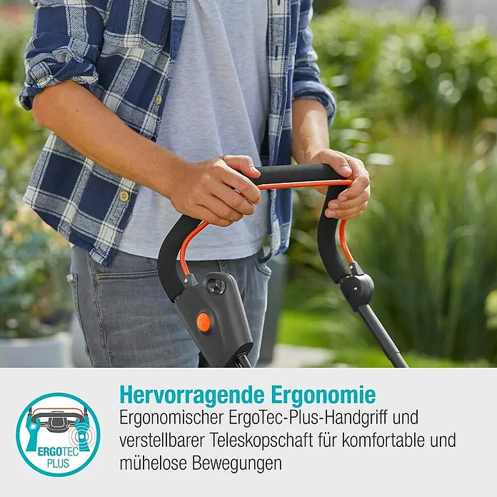 Gardena Elektro-Rasenmäher PowerMax 1800/37 G2 - 1.800 W, Schnittbreite: 37 cm - Nahaufnahme eines Mannes, der einen Rasentrimmer mit ergonomischem ErgoTec-Plus-Handgriff bedient, der Komfort und mühelose Bewegungen ermöglicht.