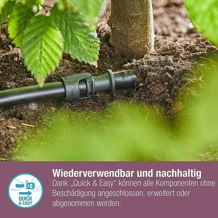 Gardena Micro-Drip Tropfrohr - Schlauchlänge: 50 m, 1,6 l/h, Passend für: Pflanzreihen bis 50 m - Nahaufnahme eines Gardena Micro-Drip-Systems mit praktischem Quick & Easy Anschluss für eine einfache und nachhaltige Gartenbewässerung.