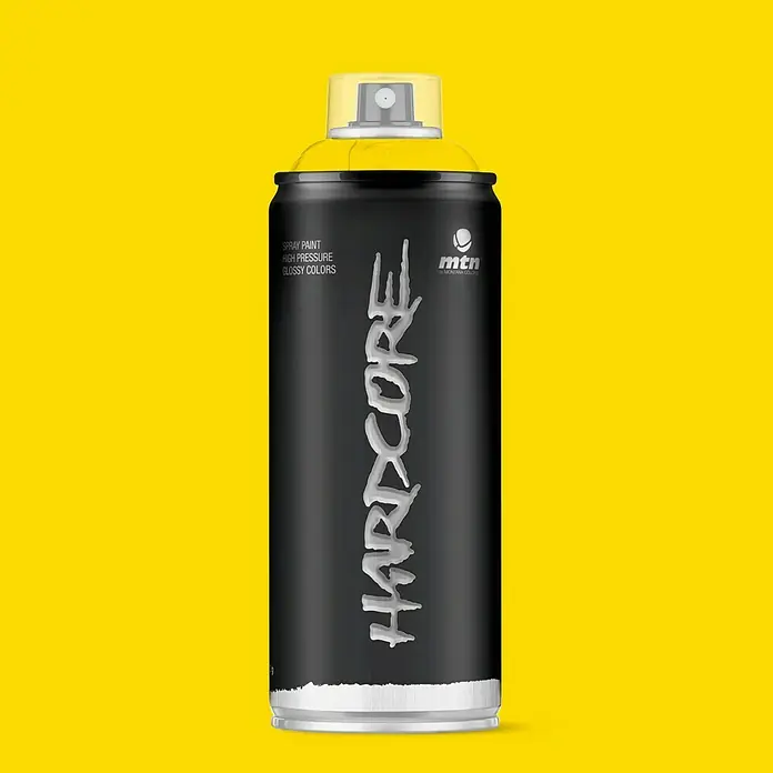 mtn Pintura decorativa en spray Hardcore - Amarillo claro, Brillante, 400 ml - Bote de pintura en aerosol MTN Hardcore sobre fondo amarillo. Ideal para proyectos artísticos, con colores brillantes y de alta cobertura.