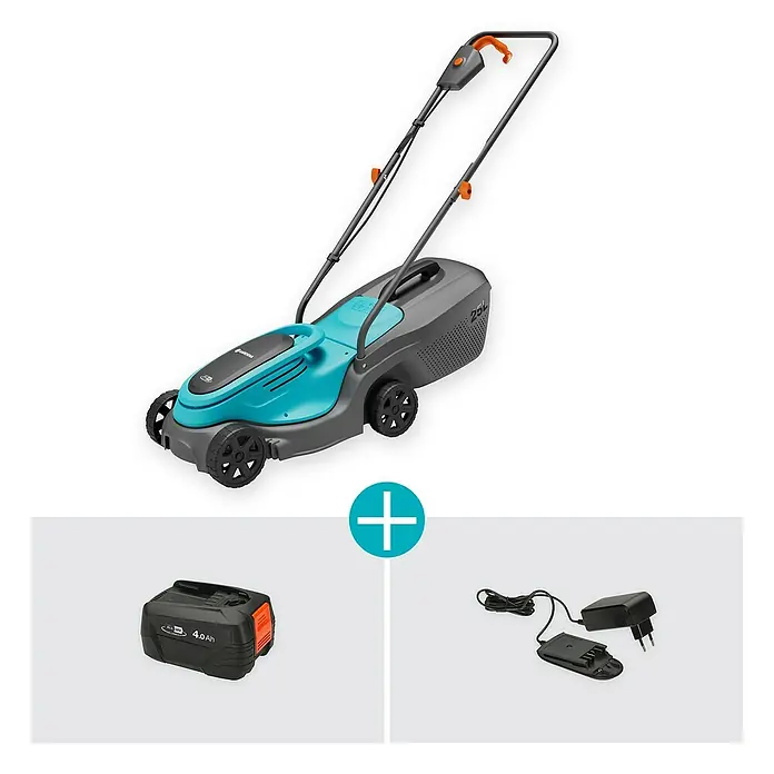 Gardena Power for All 18V Akku-Rasenmäher - 18 V, 1 Akku, 4 Ah, Schnittbreite: 30 cm - Das Bild zeigt einen Gardena Akku-Rasenmäher mit Akku und Ladegerät, ideal für kleine Gärten.