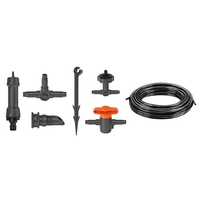 Gardena Micro-Drip Bewässerungs-Set Balkon Start-Set - Geeignet für: Bis zu 15 Topfpflanzen, Passend für: Bis zu 15 Topfpflanzen - GARDENA Micro-Drip-System Komponenten: Filter, T-Stück, Rohrhalter, Endtropfer, Regulier- und Absperrventil sowie eine Schlauchrolle.