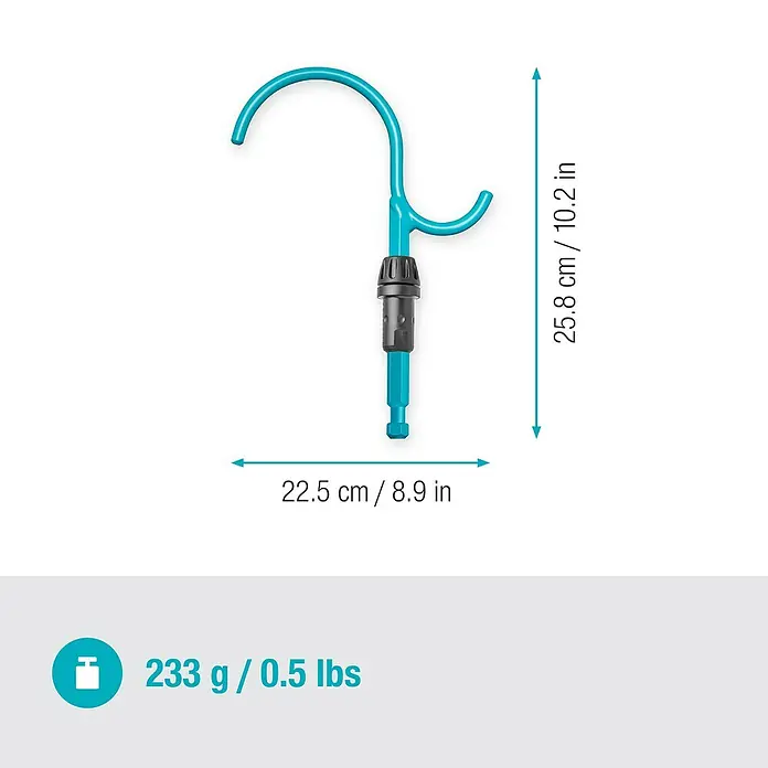 Gardena Combisystem Haken - Länge: 25,8 cm - Abbildung eines GARDENA Kleingeräte-Hängers zur Aufbewahrung von Gartengeräten mit Größenangaben und Gewicht.
