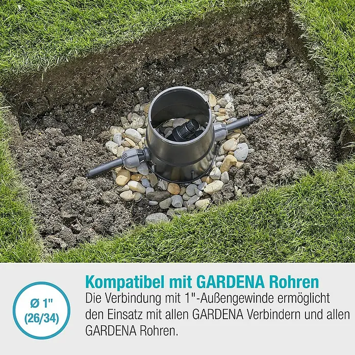 Gardena Sprinklersystem Druckminderer - 1″ - Das GARDENA Rohrverbindungssystem ist mit 1-Zoll-Außengewinde ausgestattet und ermöglicht den Einsatz mit allen GARDENA Verbindern und Rohren.