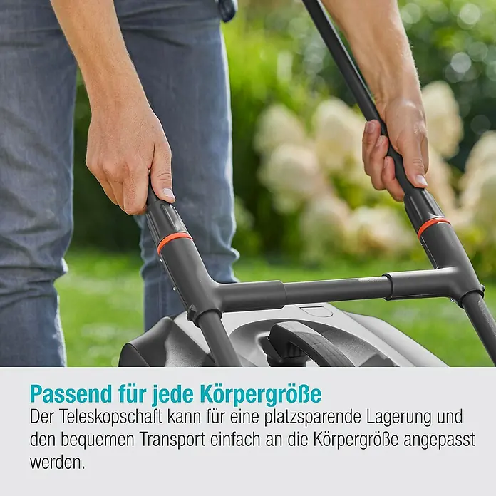 Gardena Elektro-Rasenmäher PowerMax 1800/37 G2 - 1.800 W, Schnittbreite: 37 cm - Nahaufnahme eines Rasenmähers mit verstellbarem Teleskopgriff für jede Körpergröße, ideal für platzsparende Lagerung.