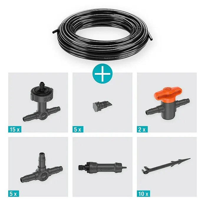 Gardena Micro-Drip Bewässerungs-Set Balkon Start-Set - Geeignet für: Bis zu 15 Topfpflanzen, Passend für: Bis zu 15 Topfpflanzen - Bild eines Gardena Micro-Drip-System Starter Sets mit Schlauch, Regulierstopfen, Absperrventilen und weiterem Zubehör.