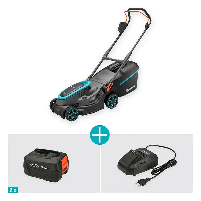 Gardena Power for All 18V Akku-Rasenmäher PowerMax 37/36V - 18 V, 2 Akkus, 4 Ah, Schnittbreite: 37 cm - Das Bild zeigt einen GARDENA Akku-Rasenmäher mit zwei Akkus und einem Ladegerät. Perfekt für jeden Garten!