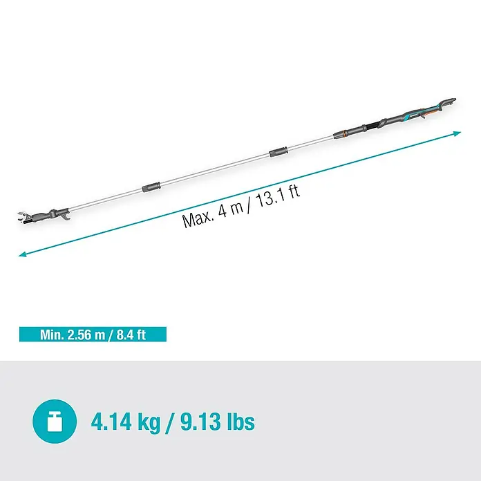 Gardena Power for All 18V Baumschere HighCut - 18 V, Ohne Akku, Max. Aststärke: 28 mm, Länge: 360 cm - Lange, verstellbare Gartenschere mit den Maßen 2,56 m / 8,4 ft bis max. 4 m / 13,1 ft und einem Gewicht von 4,14 kg / 9,13 lbs.