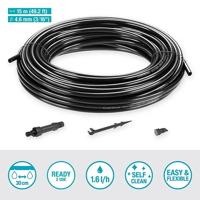 Gardena Micro-Drip Bewässerungs-Set Pflanzreihen Start-Set - Passend für: Pflanzreihen bis 15 m, Anwendungsbereich: Außen - GARDENA Micro-Drip-System: Schlauch, 15m lang und 4,6mm Durchmesser, mit Zubehör für die Bewässerung. Einfach und flexibel.