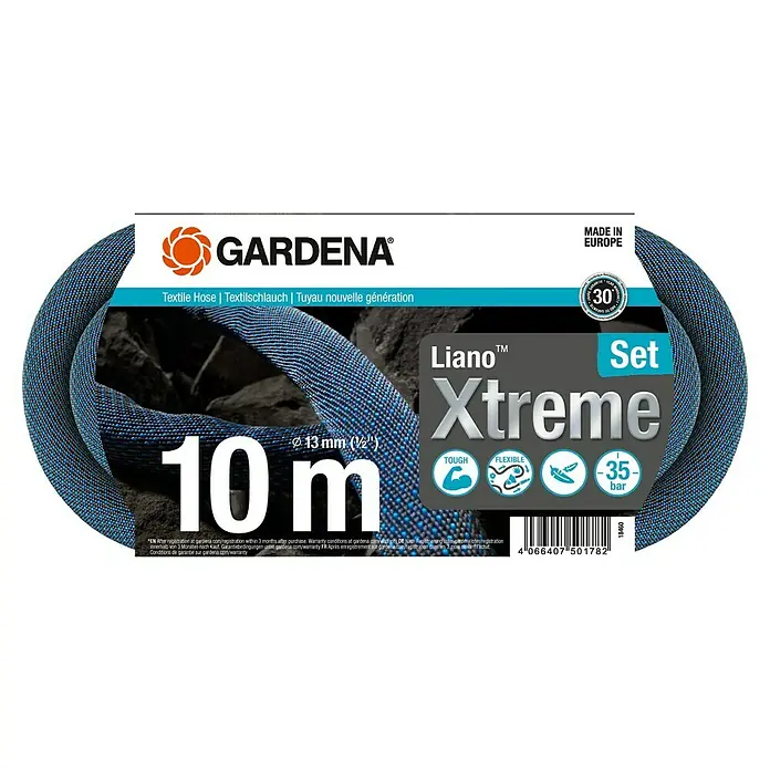 Gardena Gartenschlauch Liano Xtreme Set - Schlauch, Wasserstop, Schlauchverbinder, 2x Hahnverbinder, Bewässerungsbrause - Abbildung einer GARDENA Liano™ Xtreme Textil-Schlauchgarnitur, 10 m lang, robust und flexibel für den Gartengebrauch.