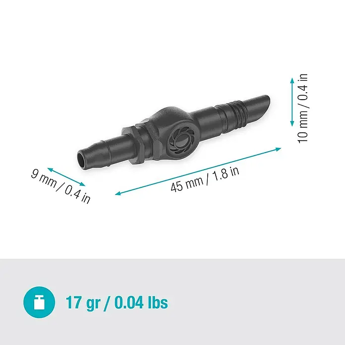 Gardena Micro-Drip Verbinder - 3/16" x 4,6 mm, 10 Stk. - Eine Nahaufnahme eines schwarzen Schlauchverbinders mit Größenangaben in Millimetern und Zoll sowie dem Gewicht.