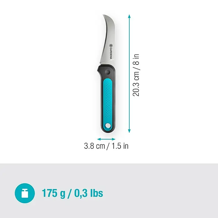 Gardena Erntemesser VeggieCut - Länge: 20,3 cm - Abbildung eines Gardena Gartenmessers mit Abmessungen und Gewicht. Das Messer hat eine gebogene Klinge und einen Griff mit blauen Akzenten.