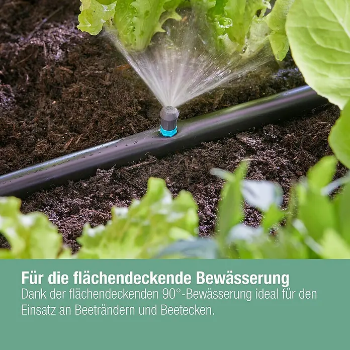 Gardena Micro-Drip Sprühdüse 90° - 5 Stk., 90 ° - Nahaufnahme einer Bewässerungsanlage im Garten. Sie sorgt mit einer 90°-Bewässerung für die optimale Versorgung von Beeträndern und Beetecken.