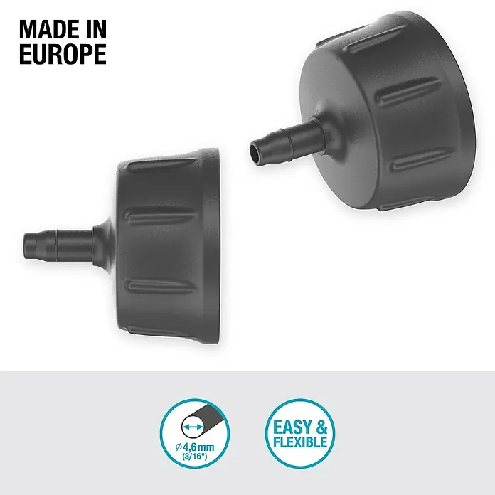 Gardena Micro-Drip Hahnanschlussstück - 3/16" x 4,6 mm - Produktbild: Zwei graue Bewässerungsverbinder, hergestellt in Europa, mit den Aufschriften "Easy & Flexible" und "4,6 mm".
