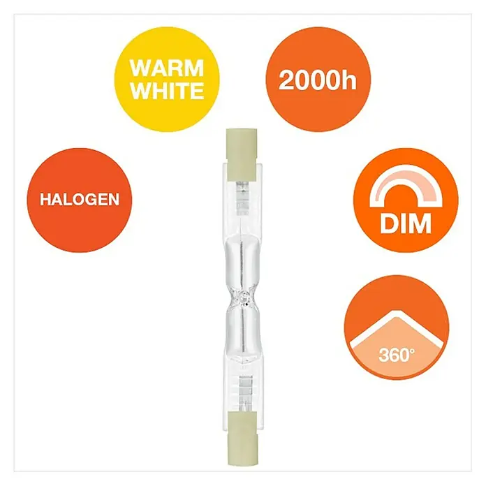Osram Halogenstab Haloline ECO Superstar - 48 W, R7s, Warmweiß, Länge: 74,9 mm - Bild einer Halogenlampe mit warmweißem Licht, 2000 Stunden Lebensdauer, dimmbar und 360° Abstrahlwinkel.