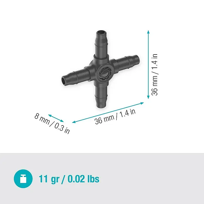Gardena Micro-Drip Kreuzstück - 3/16" x 4,6 mm, 10 Stk. - Abbildung eines schwarzen, vierfach Schlauchverbinder, mit Größenangaben und Gewichtsinformationen.