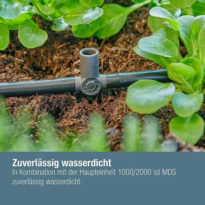Gardena Micro-Drip T-Stück für Sprühdüsen & Endtropfer - 3/16" x 4,6 mm, 5 Stk. - Nahaufnahme eines Bewässerungssystems zwischen grünen Pflanzen.