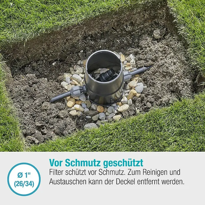 Gardena Sprinklersystem Druckminderer - 1″ - Das Bild zeigt einen versenkten Filter mit dem Text "Vor Schmutz geschützt. Filter schützt vor Schmutz. Ø 1" (26/34)".