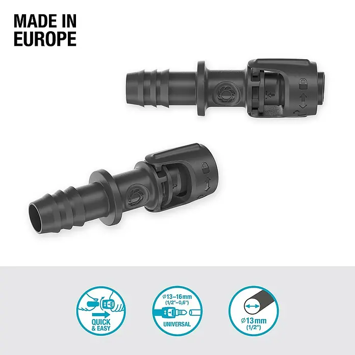 Gardena Micro-Drip Verbinder - 1/2" x 13 mm, Passend für: Gardena Verlegerohre, 1 Stk. - Abbildung eines schwarzen Schlauchverbinders mit Schnellkupplungssystem und Angaben zu Größe und Anwendung.