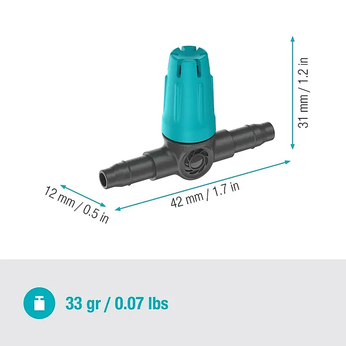 Gardena Micro-Drip Kleinflächendüse - 3/16" x 4,6 mm, 10 Stk. - Detailaufnahme eines blauen Tropfreglers mit Größenangaben. Ideal für präzise Bewässerung im Garten.