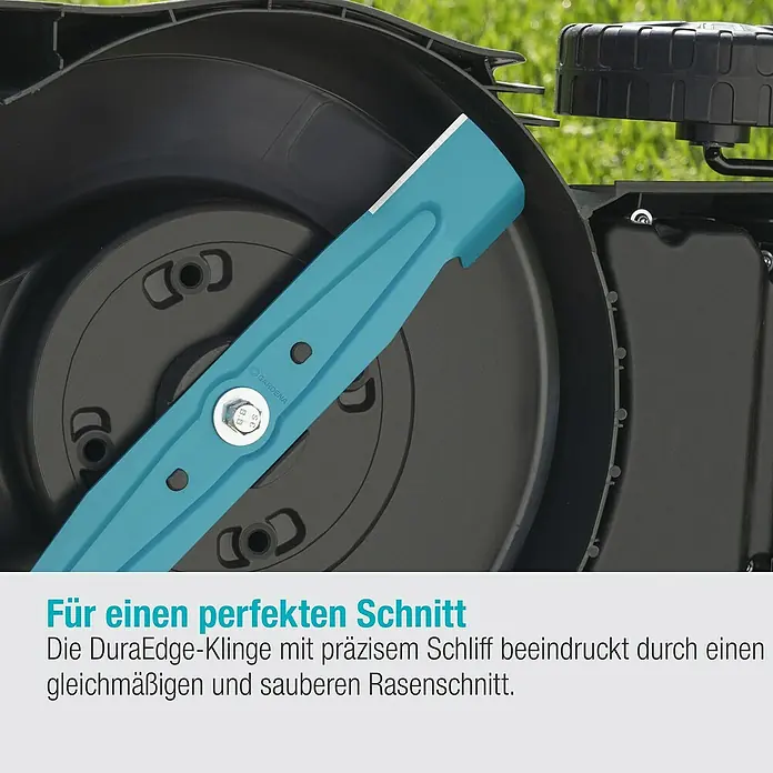 Gardena Elektro-Rasenmäher PowerMax 1200/32 G2 - 1.200 W, Schnittbreite: 32 cm - Detailaufnahme der GARDENA DuraEdge-Klinge, die mit Präzision für einen gleichmäßigen Rasenschnitt sorgt.