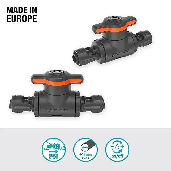 Gardena Micro-Drip Regulierventil - 13 mm, Kunststoff - Nahaufnahme eines Gardena-Absperrventils mit orangefarbenem Griff für Gartenschläuche mit Schnellanschluss, hergestellt in Europa.