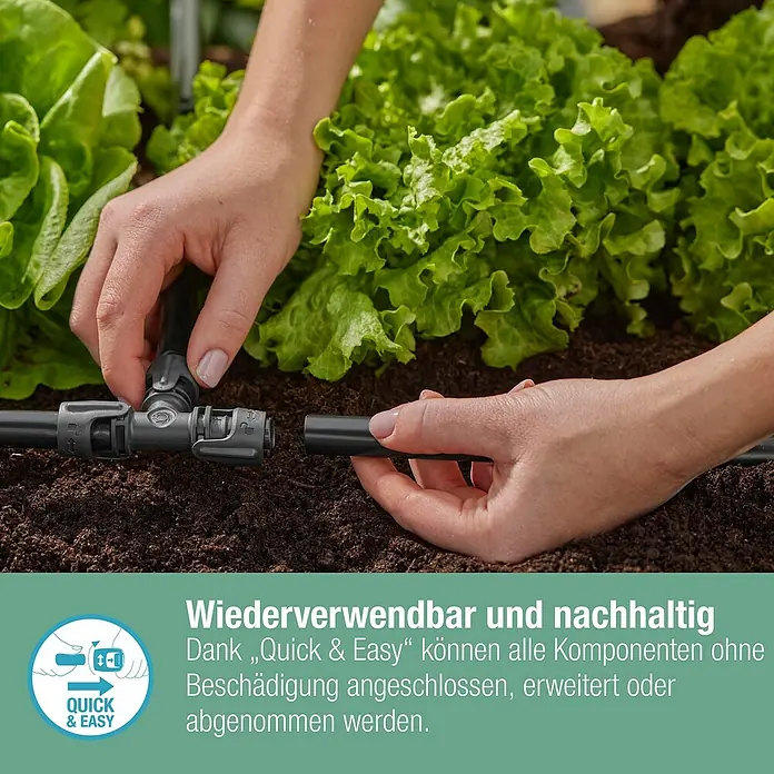 Gardena Micro-Drip Bewässerungs-Set Gemüse-/Blumenbeet Start-Set - Passend für: Gemüse- & Blumenbeete bis 40 m² - Bewässerungssystem-T-Stück: Wiederverwendbar und nachhaltig dank „Quick & Easy“-Verbindungstechnik für einfache Installation.