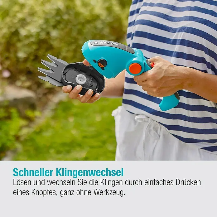 Gardena ComfortCut Akku-Grasschere Li Set - 3,6 V, 1 Akku, Schwertbreite: 8 cm - Nahaufnahme einer Gardena Akku-Grasschere mit auswechselbaren Klingen für einen einfachen Wechsel.