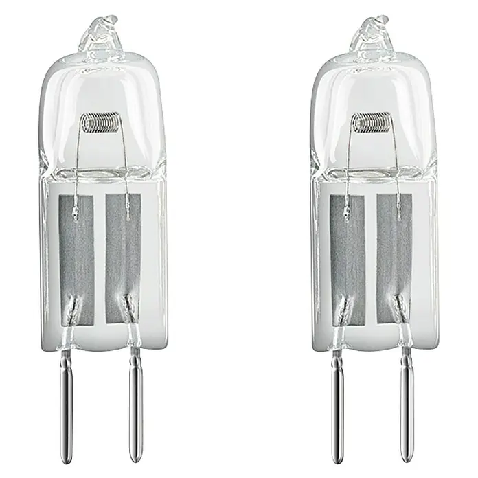 Osram Halogenstiftsockel Halostar Standard - 5 W, G4, Klar, Warmweiß, 2 Stk. - Nahaufnahme von zwei G4-Halogenlampen mit klarem Glas, die ihre filigranen Glühfäden und Stifte zur einfachen Installation zeigen.