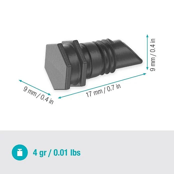 Gardena Micro-Drip Verschlussstopfen 3/16" - 10 Stk., ³⁄₁₆″ - Nahaufnahme eines schwarzen Endstopfens mit Maßangaben. Er ist 17 mm lang und 9 mm breit, das Gewicht beträgt 4 Gramm.