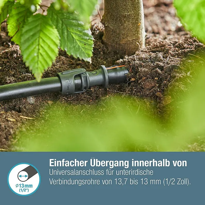 Gardena Micro-Drip Verbinder - 1/2" x 13 mm, Passend für: Gardena Verlegerohre, 1 Stk. - Nahaufnahme eines Übergangsstücks für unterirdische Verbindungsrohre von 13,7 bis 13 mm (1/2 Zoll).