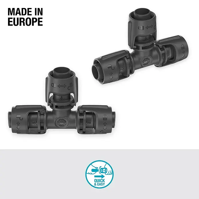 Gardena Micro-Drip T-Stück - 1/2" x 13 mm, 2 Stk. - Schwarze T-Stücke aus Kunststoff mit Schnellverschluss-System für einfache Installation und sichere Verbindung.