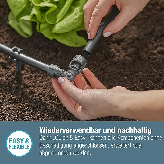 Gardena Micro-Drip L-Stück - 1/2" x 13 mm, 2 Stk. - Nahaufnahme einer Person, die ein Gardena Micro-Drip-Systemstück zusammenbaut, das die einfache Installation des Bewässerungssystems hervorhebt.