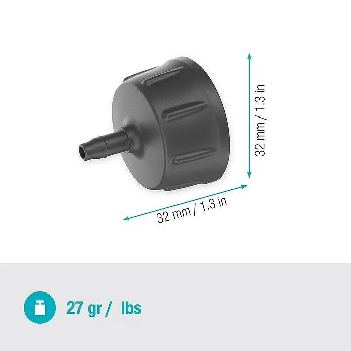 Gardena Micro-Drip Hahnanschlussstück - 3/16" x 4,6 mm - Abbildung einer schwarzen Tropferkappe mit den Maßen 32 mm x 32 mm und einem Gewicht von 27 g.